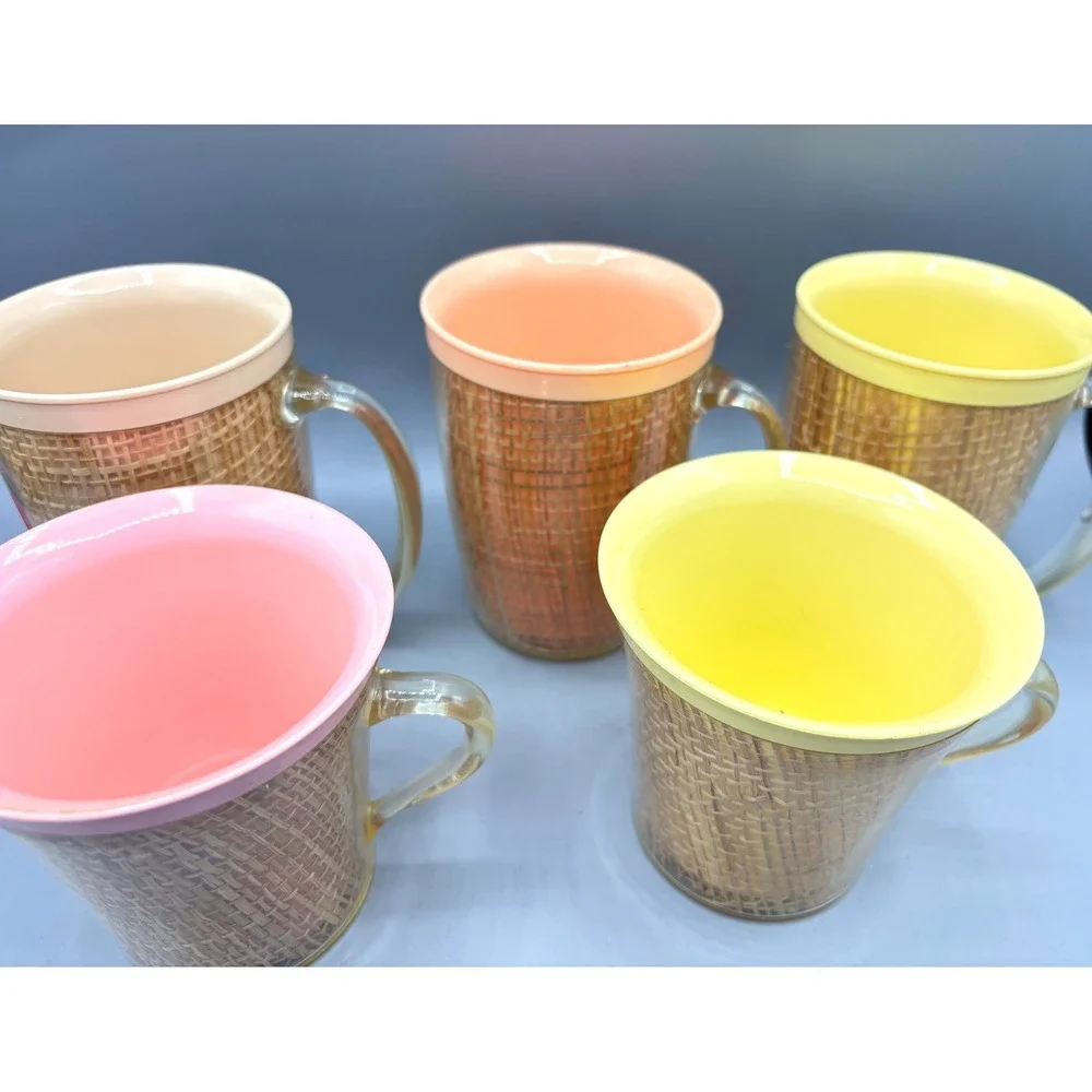 Vintage Raffia Weave Insulated Plastic Mugs Set of 5 Pastel Ice Bucket‎